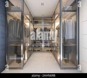 3D-Rendering und modernen Luxus Glas, begehbaren Schrank mit blauem Dekor Stockfoto