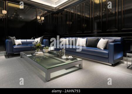 3D-Rendering black Hotel Lounge mit klassischen Wall Design spiegeln Stockfoto