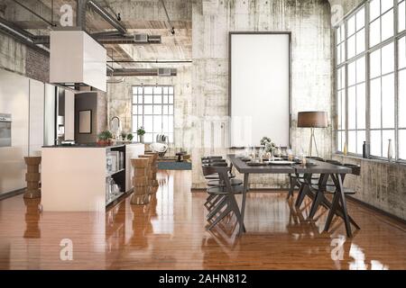 3D-Rendering industrielle Küche mit schwarzem Holz Esszimmer Zone Stockfoto