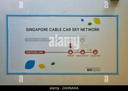 Singapur - ca. April 2019: Singapur Seilbahn Sky Network Systems an einer Wand in Singapur gesehen. Stockfoto