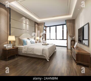 3D-rendering Luxuriöses, modernes Schlafzimmer Suite im Hotel Stockfoto