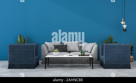 3D-rendering Mock up skandinavischen blaue Wand und Sofa im Wohnzimmer mit Sessel Stockfoto