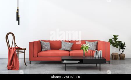 3D-rendering Mock up skandinavischen weiße Wand und rosa Sofa im Wohnzimmer mit Holz Stuhl Stockfoto