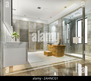 3D-Rendering der klassischen Moderne Badezimmer mit luxuriösen Fliesen Dekor Stockfoto