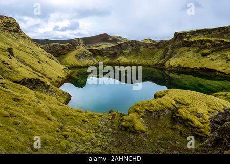 Krater Tjarnargigur mit Wasser gefüllt ist eine der beeindruckendsten Krater von Lakagigar vulkanischen Spalte Bereich im Südlichen Hochland von Island. Teich Crat Stockfoto