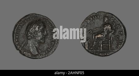 Antike römische. Münze Darstellung Kaiser Antoninus Pius. 151 AD. Römische Reich. Bronze Stockfoto