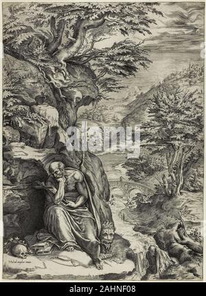Cherubino Alberti. Der hl. Hieronymus in der Wüste. 1570 - 1580. Italien. Gravur auf Elfenbein Bütten Cherubino Alberti der Beherrschung der illusionistischen Verkürzungen Effekte ist besonders in Saint Jerome's Cross offensichtlich, und die Hand, die es erinnert an Michelangelos berühmten Erschaffung des Adam fresco. In der Tat, im Licht seiner künstlerischen Leistungen, Papst Clemens VIII. begnadigt Alberti einer Verurteilung wegen Mordes. Die Bücher an Jerome die Füße deuten auf seine Übersetzung der Bibel ins Lateinische, die Jerome der Titel der Schutzpatron der Bibliotheken erworben. Jerome wurde auch für einen schlechten t bekannt Stockfoto