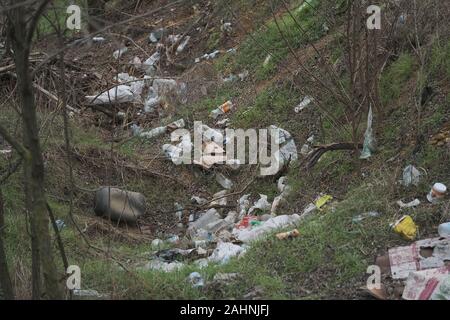 Elemental dump plastik Müll am Straßenrand in der Nähe am Rande des Waldes. Verschmutzung der Umwelt mit Kunststoff- und andere Abfälle. Stockfoto