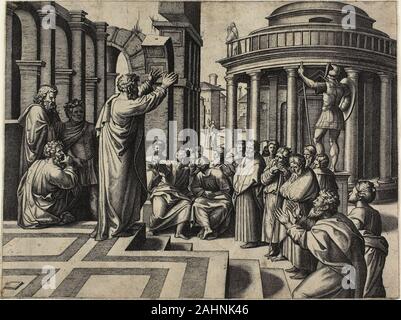 Marcantonio Raimondi. Paulus predigt in Athen. 1517 - 1520. Italien. Gravur in Schwarz auf Creme Bütten auf einem Gemälde von Raphael, dieser Ausdruck zeigt des Heiligen Paulus predigt in Athen. Die Rede im Areopag, einem alten Hof Website in Griechenland, und zentriert auf Themen von Götzendienst und falscher Gottesdienst. Die Leistung des Paulus Worte sichtbar ist, obwohl einige in der Masse ihre Köpfe auf die Statue im Hintergrund aktiviert haben, die meisten sind die Lautsprecher, und der Mann in der rechten unteren Ecke knien scheint besonders inspiriert. Stockfoto