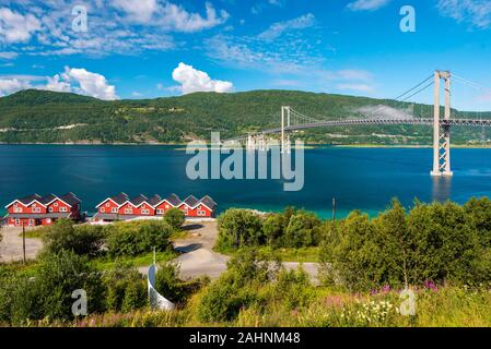 Die tjeldsund Brücke durch Tjeldsundet Straße in Richtung Hinnoya Insel in Norwegen gesehen. Grüne Pflanzen, Blumen und Bäume auf dem Festland Stockfoto