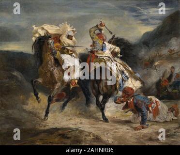 Eugène Delacroix. Die Bekämpfung der Giaour und Hassan. 1826. Frankreich. Öl auf Leinwand der Bekämpfung der Giaour und Hassan unter Eugène Delacroix's Finest frühen Darstellungen der Schlacht ist. Das Gemälde wurde von der Giaour, einem langen Gedicht von England's berühmten Dichter der Romantik, Lord Byron inspiriert. Im Jahre 1813 geschrieben und 1824 ins Französische übersetzt, das Gedicht präsentiert einen Betreff und Einstellung - Leidenschaft und Rache auf einer griechischen Battlefield-, die perfekt romantische Phantasie des Künstlers geeignet. Das Gemälde zeigt dramatischen Höhepunkt des Gedichts, wenn die Venezianischen giaour (ein türkisches Wort für eine nicht-muslimische) Rächt seine Lo Stockfoto