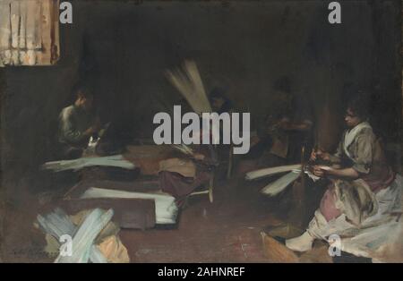 John Singer Sargent. Venezianischen Glas Arbeitnehmer. 1880 - 1882. Venedig. Öl auf Leinwand in Paris ausgebildet, John Singer Sargent, Spanien, die Niederlande und Italien früh in seiner Karriere, um zu studieren, wie Maler wie Diego Velázquez und Frans Hals die Wirkungen von Licht eingefangen und gerenderten Figuren im Raum. Venezianischen Glas Arbeitnehmer ist eines von mehreren Genreszenen, die Glas-bead Arbeiter, Sargent in den frühen 1880er Jahren ausgeführt. Diese hintergrund Blick auf ein Geschäft in Venedig ist düster und atmosphärisch mit Ausnahme der brillante Anschläge von hellem Grün und silbrig weißen Farbe, die die Stöcke von g beschreiben Stockfoto