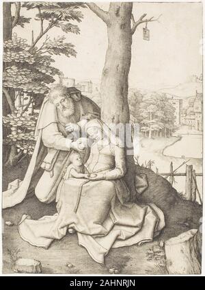 Lucas van Leyden. Die heilige Familie. 1503 - 1513. Niederlande. Gravur in Schwarz auf Elfenbein Bütten Stockfoto