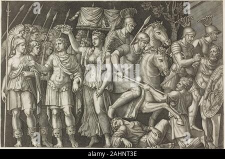 Marcantonio Raimondi. Trajan durch den Sieg gekrönt. 1520 - 1525. Italien. Gravur in Schwarz gedruckt auf Papier Marcantonio Raimondi war ein Stecher, die von Zeichnungen unter der Leitung von Raphael gearbeitet, unter anderen Künstlern. Er leitete diese drucken, jedoch von einem Flachrelief auf der Triumphbogen des Konstantin Feier des römischen Kaisers Trajan 105/06 N.CHR. Sieg über die Daker (aus einem Gebiet jetzt in Rumänien). Die friezelike Form der Zusammensetzung und die Tiefe der visuellen Bereich nachahmen, seichten Art der Skulptur, beim Feiern in Rom historische Vergangenheit zu einem Zeitpunkt kurz vor der 1527 sa Stockfoto