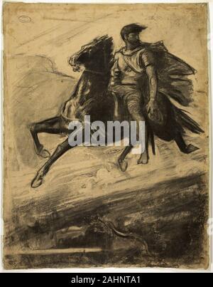 Nicolas-Fran çois Chifflart. Mann ein Pferd reiten durch die Luft. 1860 - 1870. Frankreich. Holzkohle, mit stumping und löschen, die auf tan-Bütten, in weißer Kreide im Quadrat, und legte sich auf Blau webte Papier mit blauen Fasern, Sohn eines Schlossers, Chifflart in Italien von 1851 bis 1856 studierte, Rückkehr nach Paris als Exponent der romantischen Wiederbelebung der späten 1850er Jahre. Der Schriftsteller Charles Baudelaire sah in chifflart's Arbeit eine neue und dynamische Kunst der Phantasie, in der Opposition gegen die steigende Flut von Realismus. Obwohl einflussreiche für Victor Hugo, Rodolphe Bresdin, und Odilon Redon, Chifflart war nicht eine populäre s Stockfoto