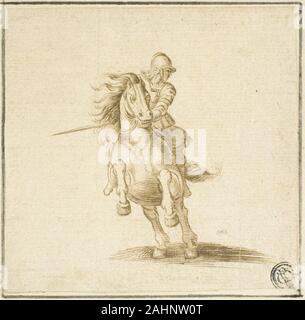 Stefano Della Bella. Soldat auf galoppierenden Pferd. 1612 - 1635. Italien. Pen und braun Tinte, über Spuren von Graphit, auf Elfenbein Bütten, unten an den cremefarbenen festgelegten Papier Stockfoto