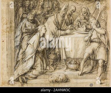 Nachfolger von Paolo Veronese. Die Beschneidung des Christus Kind (recto); die Ehe der Jungfrau (verso). 1575 - 1579. Italien. Schwarze Kreide mit Feder und Tinte Braun, erhöhte mit Bleiweiß (teilweise verfärbt) (recto) und schwarze Kreide (verso), an den cremefarbenen Papier, Rekto in schwarzer Kreide squared Stockfoto