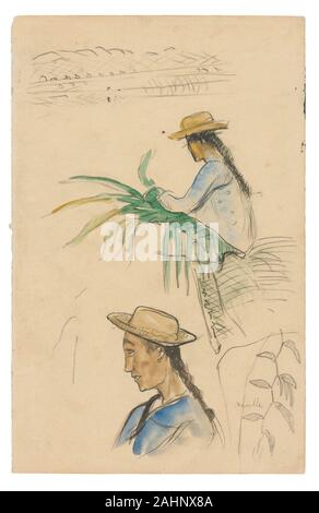 Paul Gauguin. Skizzen von Figuren, Pandanus Blätter, und Vanille. 1891 - 1893. Frankreich. Schwarz gefertigt Kreide und Aquarell auf Creme webte Papier (aus einem Skizzenbuch entfernt) Stockfoto