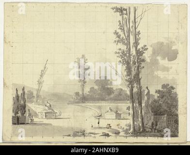 Pierre Antoine Mongin. Blick auf den Park von Versailles Treppe und zwei Pappeln. 1781 - 1827. Frankreich. Pinsel in Grau waschen, mit Graphit, auf Creme Bütten, squared in Graphit für die Übertragung Stockfoto