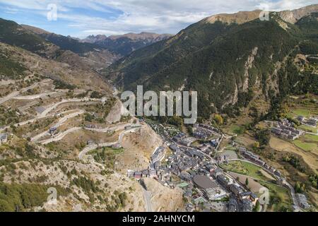 Tal von Canillo von Roc del Quer Sicht, Canillo, Andorra. Stockfoto