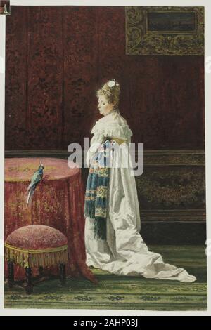 Joaquin Agrasot y Juan. Frau mit einer Grünen Papagei. 1856 - 1880. Spanien. Mit aquarell gouache über Graphit auf Creme webte Papier Stockfoto