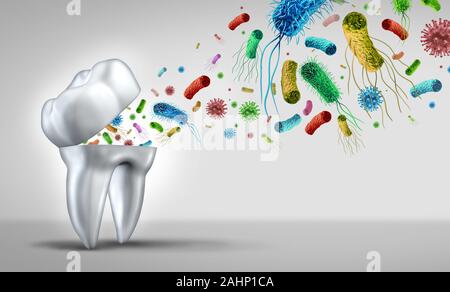 Zahn Zähne Keime Bakterien als Hohlräume und dental health care Concept als offene Backenzahn mit Krankheit und bakterielle Infektion entstehen. Stockfoto