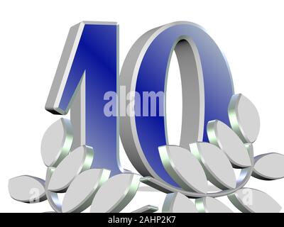 10 Jahre, Jubiläum, Lorbeerblätter, 3D-Darstellung Stockfoto