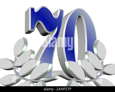 70 Jahre, Jubiläum, Lorbeerblätter, 3D-Darstellung Stockfoto