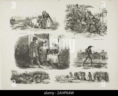 Denis Auguste Marie Raffet. Blatt Skizzen. 1829. Frankreich. Lithographie in Schwarz auf Elfenbein webte Papier Stockfoto