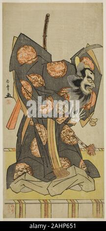 Shunsho Katsukawa. Der Schauspieler Nakajima Mihoemon II als Shujaku Tenno in den Spielen keine Hatsuyuki Masakado Kammuri, durchgeführt an der Nakamura Theater im elften Monat, 1777. 1772 - 1782. Japan. Farbe holzschnitt; hosoban; von einem mit mehreren Blättern Zusammensetzung Stockfoto