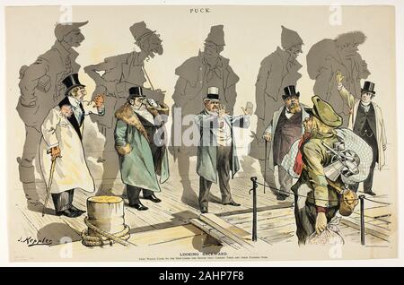 Josef Keppler. Suchen rückwärts, von Puck. 1858 - 1894. In den Vereinigten Staaten. Farblithographie auf Zeitungspapier Stockfoto