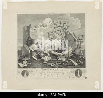 William Hogarth. Saitenhalter, oder der Bathos. 1764. England. Ätzen und Gravieren in Schwarz auf Creme webte Papier William Hogarth war ein englischer Maler und Kupferstecher berüchtigt für seine bissige politische Satire. Er entdeckte auch, dass Künstler unabhängig von der Protektion durch Stiche von eigenen Gemälden und verkaufen sie an die Öffentlichkeit werden könnten. Hogarth schuf die Bathos gegen Ende seines Lebens. Es ist eine der trostlosesten Kunstwerke des 18. Jahrhunderts betrachtet, da es die Apokalypse, ohne ein Leben nach dem Tod zeigt. Der Engel des Todes selbst stürzt bei Erschöpfung nach zerstört. Stockfoto