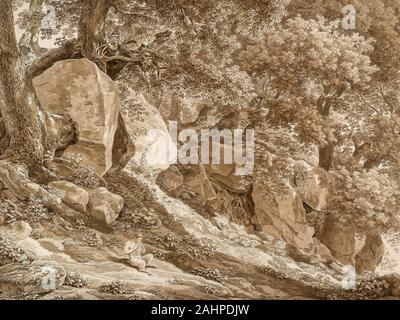 Johann Christian Reinhart. Felsige Landschaft mit Pan spielt seine Flöte (im Park der Villa Chigi, ariccia). 1808. Deutschland. Feder und schwarzer Tinte und Pinsel und Braun waschen, creme Bütten, legte sich auf Creme gelegt Karte Stockfoto