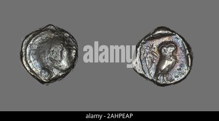 Antike Griechische. Tetradrachme (Münze) mit der Darstellung der Göttin Athene. 490 v. Chr.. Großraum Athen. Silber Stockfoto