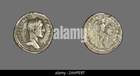 Antike römische. Denar (Münze) porträtiert Kaiser Severus Alexander. 228 AD - 231 AD. Römische Reich. Silber Stockfoto