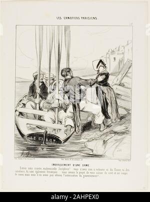 Honoré-Victorin Daumier. Embarcation einer Dame. "Ohne Angst Miss Josephine.... Sie haben keine Angst, von der Weder die gegenwärtige noch die Schiffer zu sein... sie sind alle Frrrrrench.... eigentlich wollten wir Sie mit 101 canon Schüsse zu begrüssen, aber wir haben nicht die Genehmigung der Regierung!...", Platte 15 von Les Canotiers Parisiens. 1843. Frankreich. Lithographie in Schwarz auf Weiß webte Papier Stockfoto
