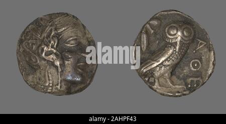 Antike Griechische. Tetradrachme (Münze) mit der Darstellung der Göttin Athene. 490 v. Chr. - 322 v. Chr.. Athen. Billon Stockfoto