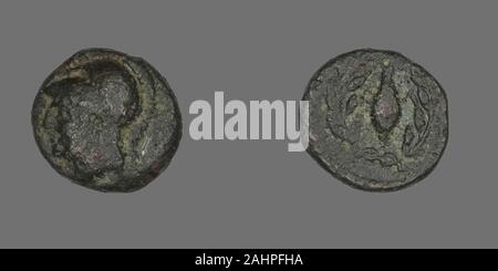 Antike Griechische. Münze mit der Darstellung der Göttin Athene. 340 v. Chr.. Das antike Griechenland. Bronze Stockfoto