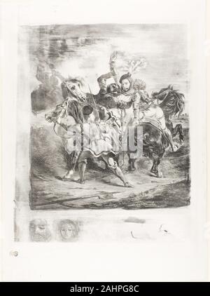 Eugène Delacroix. Weislingen herum von Goetz' Männern angegriffen. 1836. Frankreich. Lithographie in Schwarz auf Weiß China Papier legte sich auf weißen webte Papier Stockfoto