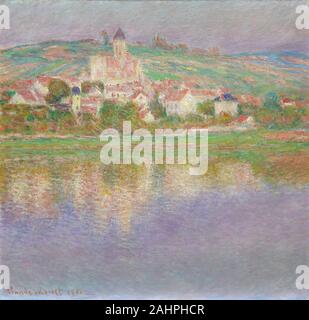 Claude Monet. Vétheuil. 1901. Frankreich. Öl auf Leinwand von Claude Monet Serie von 15 Leinwände, die das Dorf Vétheuil, 7 Meilen von seinem Haus in Giverny, stammt aus dem Juli 1901. Während dieses Sommers, der Künstler und seine Familie eine kleine Riverside House in Lavacourt vermietet, über die Seine von Vétheuil, um der Hitze zu entkommen. Die vétheuil Serie zeigt den Blick über den Fluss von Monet's Balkon zu verschiedenen Zeiten des Tages. Dieses Gemälde zeigt Mittag, und in der rechten Seite steht für den Sonnenuntergang. Wie er für zahlreiche Werke, beginnend mit den Leinwänden für die Serie Morgens auf der Seine, er verwendet Stockfoto