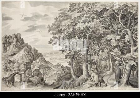 Nicolaes de Bruyn. Simson tötet den Löwen. 1603. Flandern. Gravur in Schwarz auf Elfenbeinfarbenem die Mehrheit der Nicolaes de Bruyn's Arbeit in der ersten Dekade des 17. Jahrhunderts besteht aus Stiche nach Entwürfen von Preti, einem niederländischen Zeichner, die eine Generation älter war als de Bruyn. Durch seine Ausbildung im Wandteppich, beeinflusst, Coninxloo konzentriert sich auf die Darstellung der heroischer Landschaft, eine Interpretation der Natur auf der Grundlage von Realität, sondern mit einem Schwerpunkt auf die Ideale. De Bruyn folgte dem Stil der Coninxloo in seinem eigenen Designs, häufig auch eine kleine biblische Stockfoto