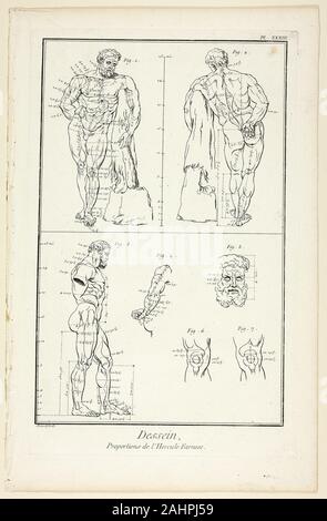 Benoît-Louis Prévost. Design Proportionen des Herkules Farnese, von Encyclopédie. 1762 - 1777. Frankreich. Radierung, mit Gravur, an den cremefarbenen Papier Stockfoto