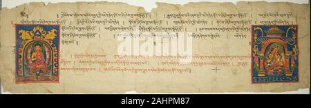 Seite von einem buddhistischen Manuskript. 1201 - 1400. Western Tibet. Tinte, Farben und Gold auf Papier Stockfoto