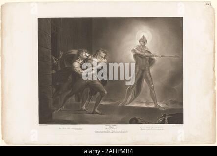 Robert Thew. Weiler, Horatio, Marcellus und der Geist. 1796. England. Gravur auf Elfenbein webte Papier Henry Fuseli eine Reihe von Gemälden, die Szenen aus Shakespeares Dramen, die als Drucke, einschließlich diese Gravur von Robert Thew reproduziert wurden. Dieses Bild stellt die vierte Szene aus dem ersten Akt von Shakespeares Hamlet. Der Geist von Hamlets Vater erscheint während der Nacht und winkt ihn an einen Ort, wo Sie privat sprechen kann. Unterdessen Horatio und Marcellus versuchen Weiler aus folgenden, aus Angst, seine Sicherheit zu verzichten. Stockfoto