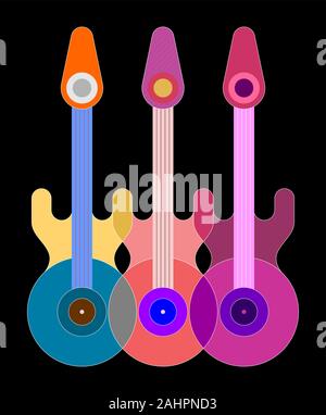 Bunte overlay Design auf einem schwarzen Hintergrund drei Gitarren abstrakte geometrische Vektor-illustration isoliert. Musik poster Vorlage. Stock Vektor