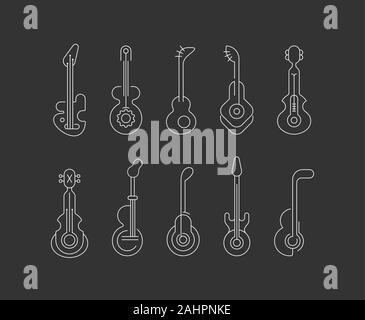 Weiße Silhouetten auf einem dunklen Hintergrund gitarre Symbole Vektor-illustration isoliert. Satz von Line Art editable Vector Icons. Jede Gitarre Symbol wird Sepa Stock Vektor