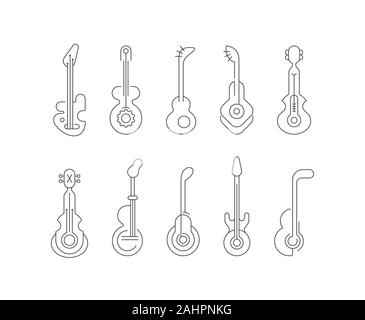 Dunkelgrau Silhouetten auf einem weißen Hintergrund gitarre Symbole Vektor-illustration isoliert. Satz von Line Art editable Vector Icons. Jede Gitarre Symbol wird Stock Vektor