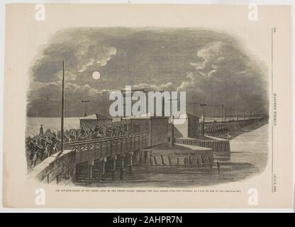 Winslow Homer. Die Vorhut der Grand Armee der Vereinigten Staaten über die lange Brücke über den Potomac um 2 Uhr morgens am 24. Mai 1861. 1861. In den Vereinigten Staaten. Holzstich auf Papier Stockfoto