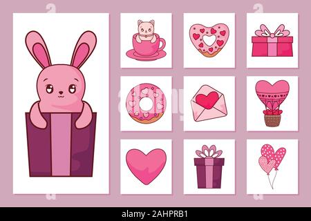 Icon Set Design der Liebe Valentinstag Leidenschaft romantische Hochzeit Dekoration und ehe Thema Vector Illustration Stock Vektor