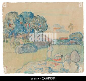 Paul Gauguin. Tahitische Landschaft. 1894. Frankreich. Aquarell monotype aus einem Glas Matrix, mit einem Hauch von Gouache auf Creme webte Papier legte sich auf Elfenbein Japanisches Papier Stockfoto